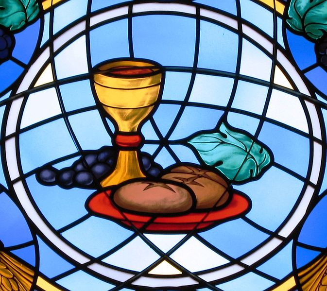 Bread & wine on a stained glass window at St Michael the Archangel, Findlay, Ohio, US (Nheyob)