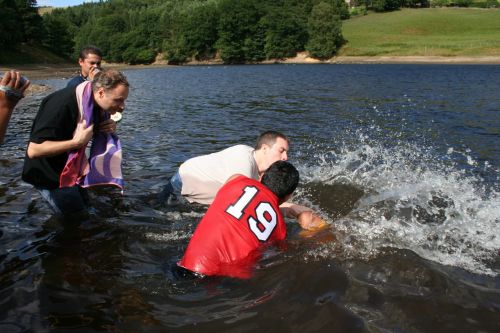 Open air baptism by total immersion (submersion) conducted by the Jesus Army