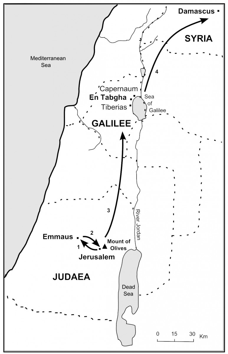 Map showing the resurrection appearances