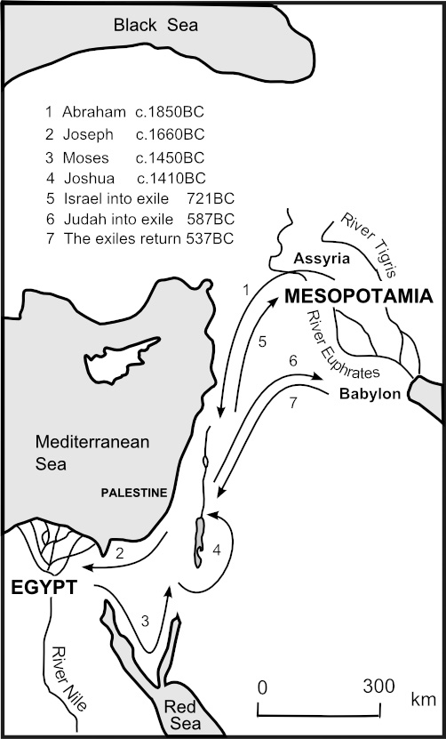 Map showing an Overview of Old Testament Journeys